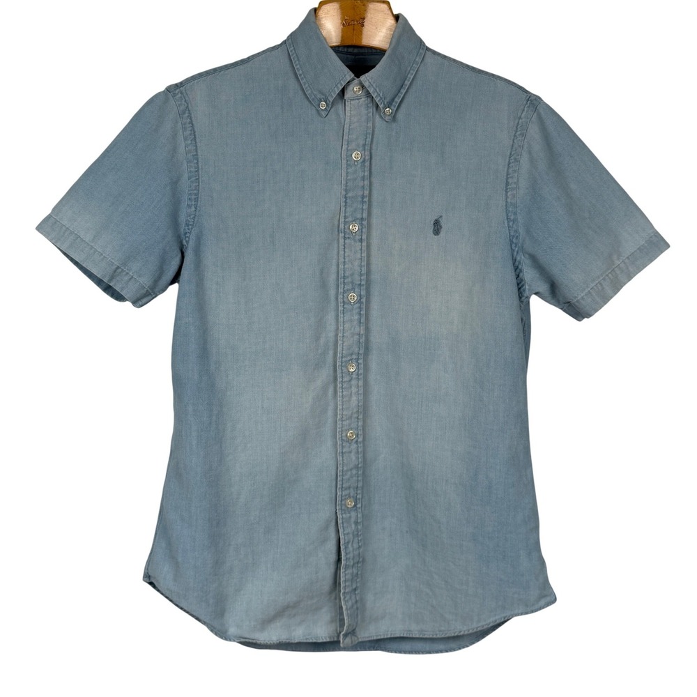 Ralph Lauren Button Down Shirt Slim Fit Large Blue Short Sleeve Cotton Denim